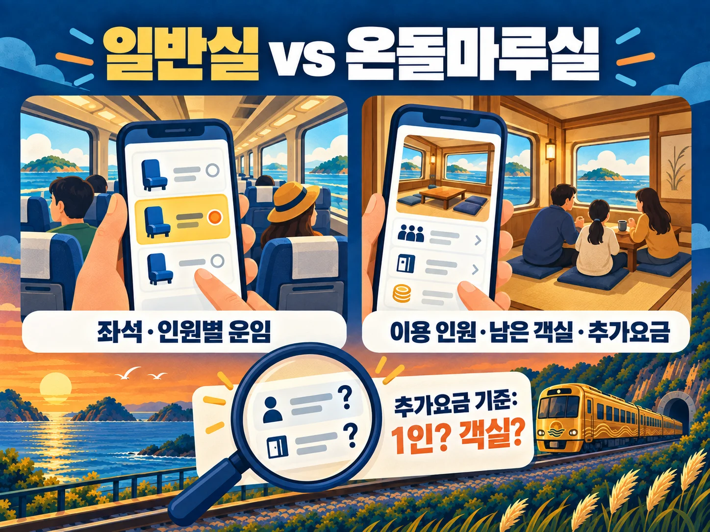 온돌마루실과 일반실의 객실 선택 및 추가요금을 비교하는 이미지.