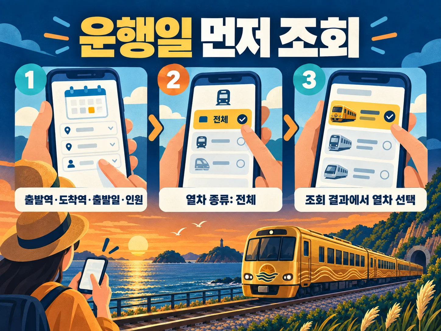 서해금빛열차 운행일과 관광열차 조회 과정을 확인하는 이미지.