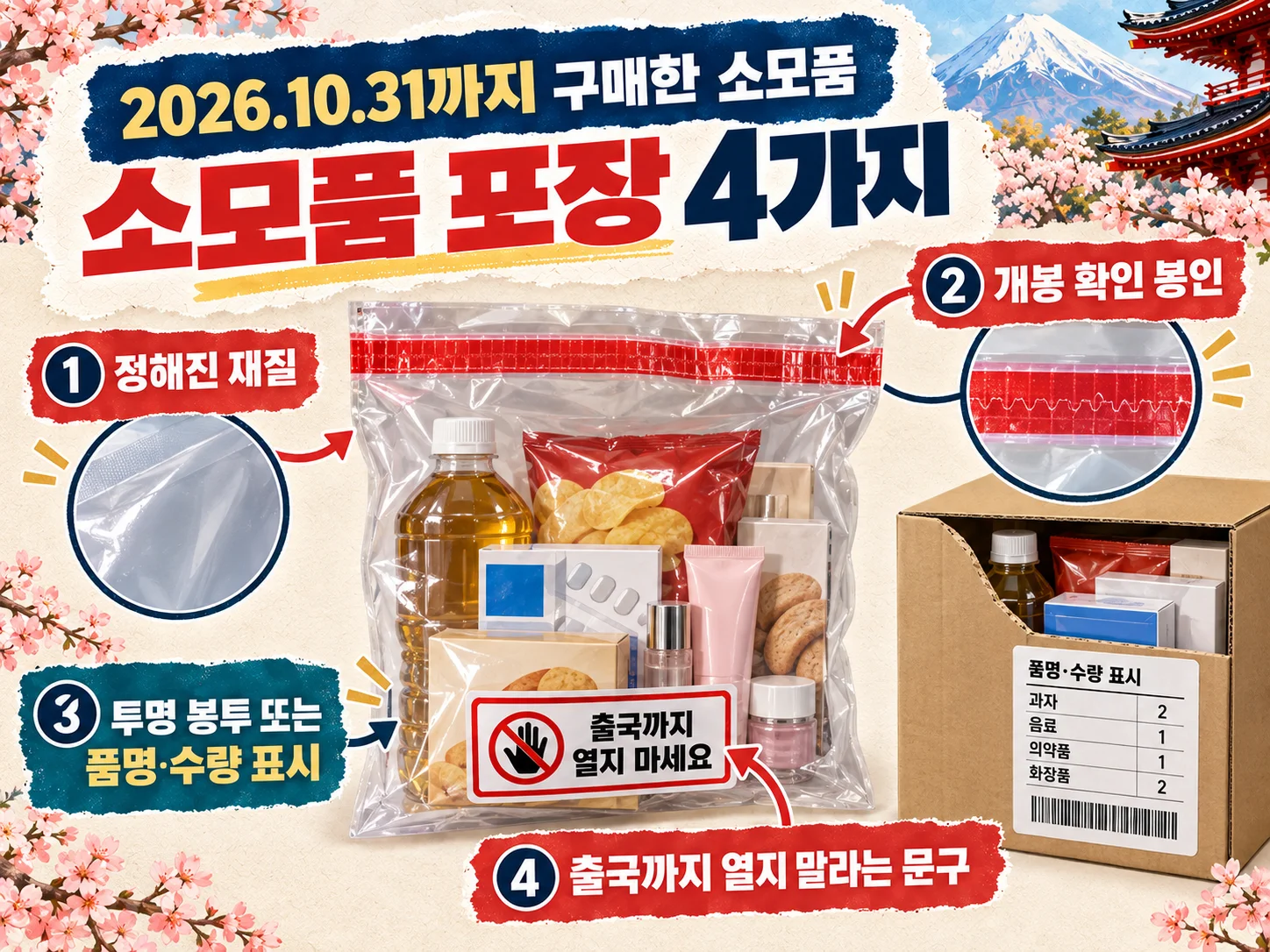 일본 면세 소모품의 밀봉 포장과 구매 조건 확인.