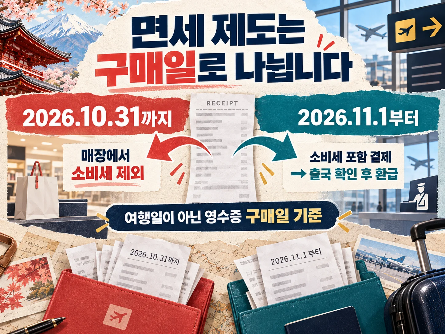 2026년 일본 면세 제도 전환일과 구매일 기준 비교.