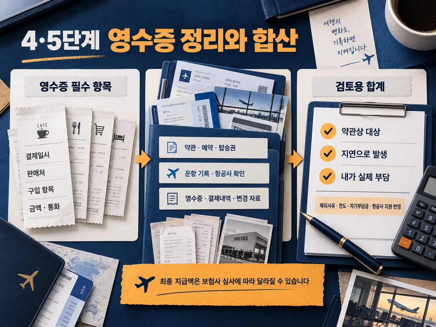 여행자보험 청구용 영수증과 항공편 지연 비용 합산표