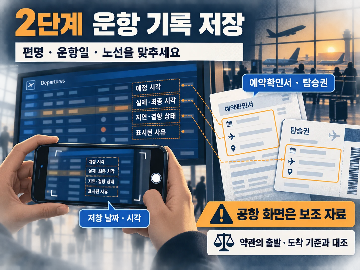 편명과 현지시각이 표시된 항공편 지연 운항 기록 화면