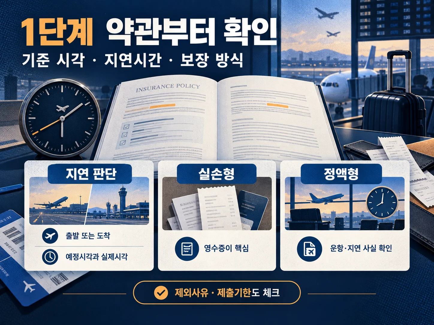 여행자보험 약관의 항공편 지연 기준과 보장 방식을 확인하는 모습