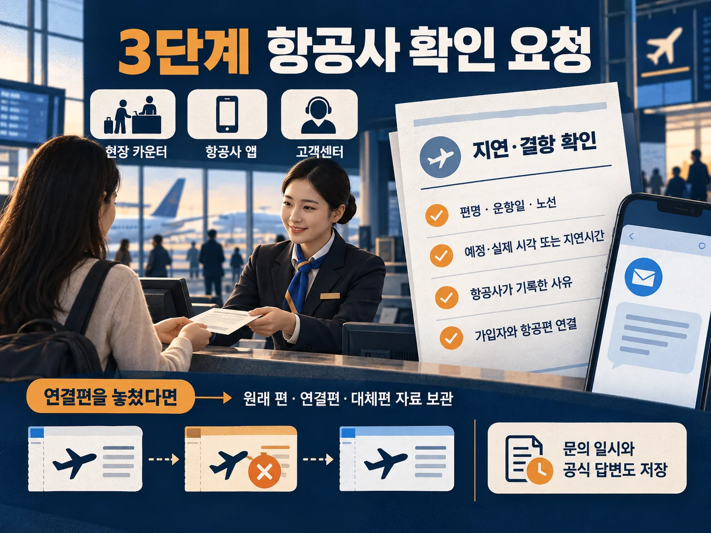 항공사 지연 확인서와 대체편 탑승 자료를 모아 둔 모습