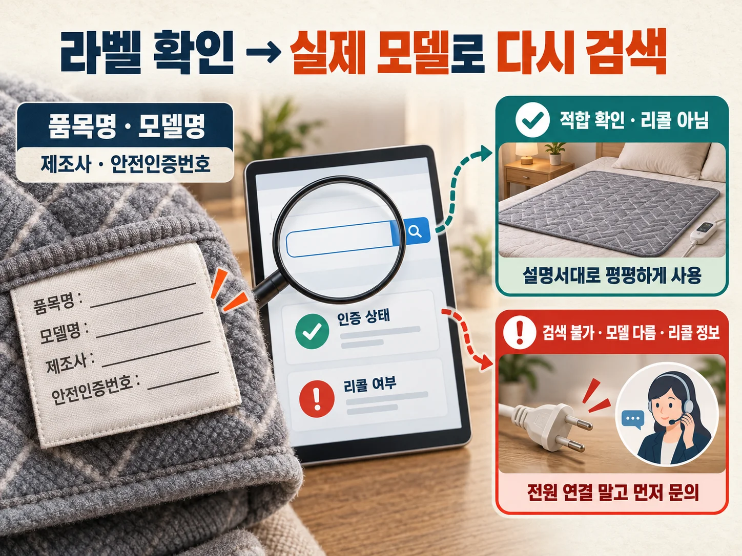 전기요 모델명으로 리콜과 안전인증 정보를 확인하는 이미지.