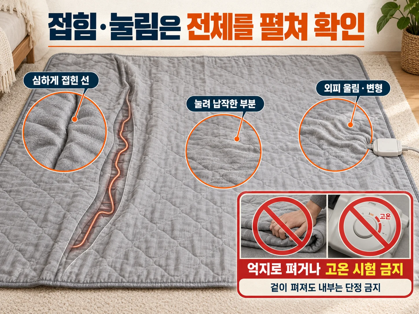 전기요 본체의 접힘·눌림 자국을 살피는 안전 점검 이미지.