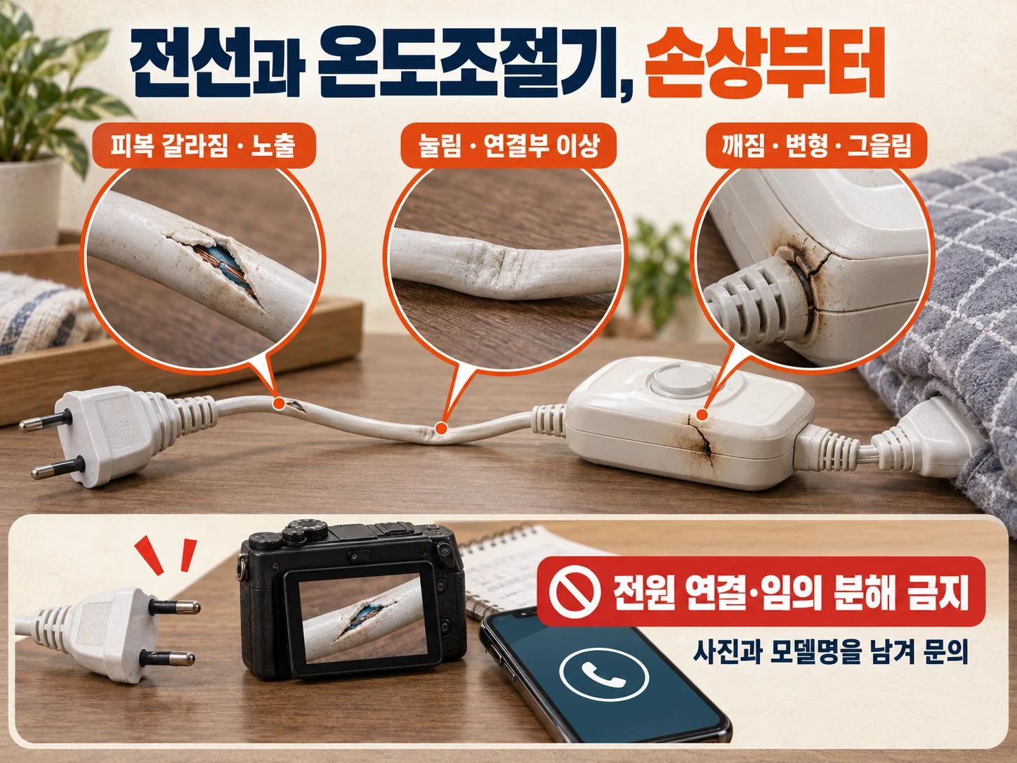 전기요 전선과 온도조절기의 손상 여부를 확인하는 이미지.