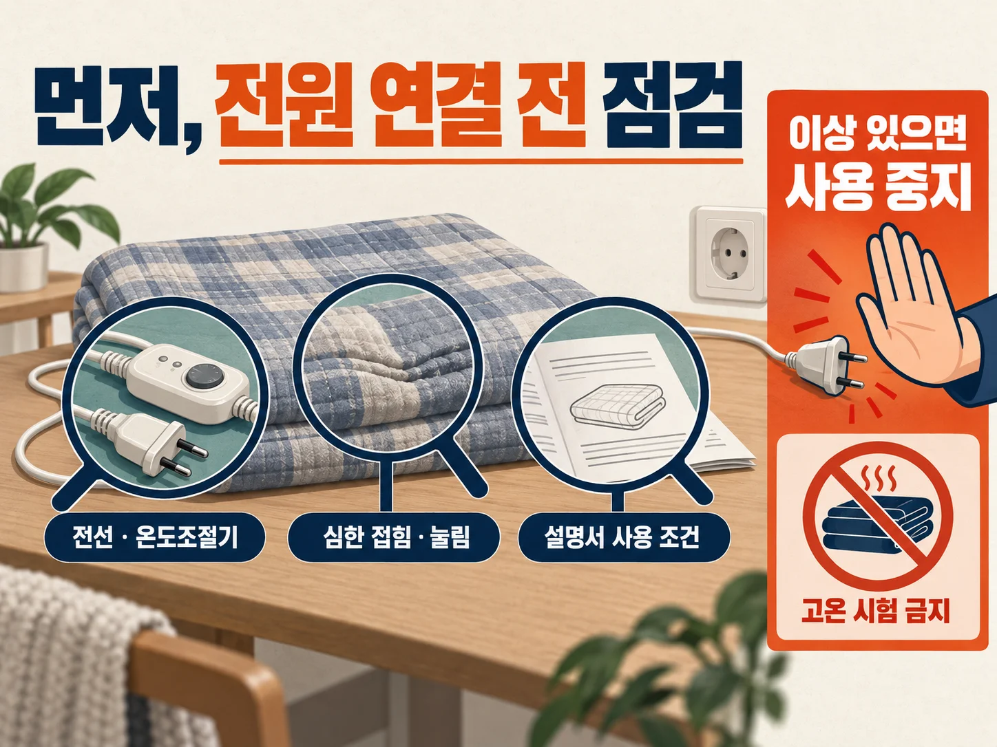 전기요 사용 전 전선·온도조절기·본체를 점검하는 안전 확인 이미지.