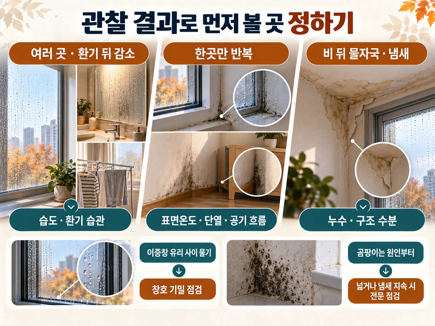 결로 원인별 다음 조치를 확인하는 주택 점검 이미지