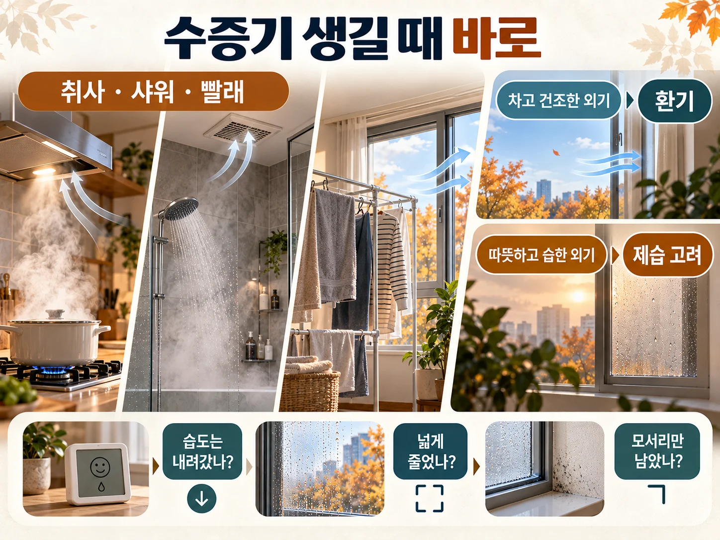 취사와 샤워 뒤 환기로 실내 습도를 관리하는 모습