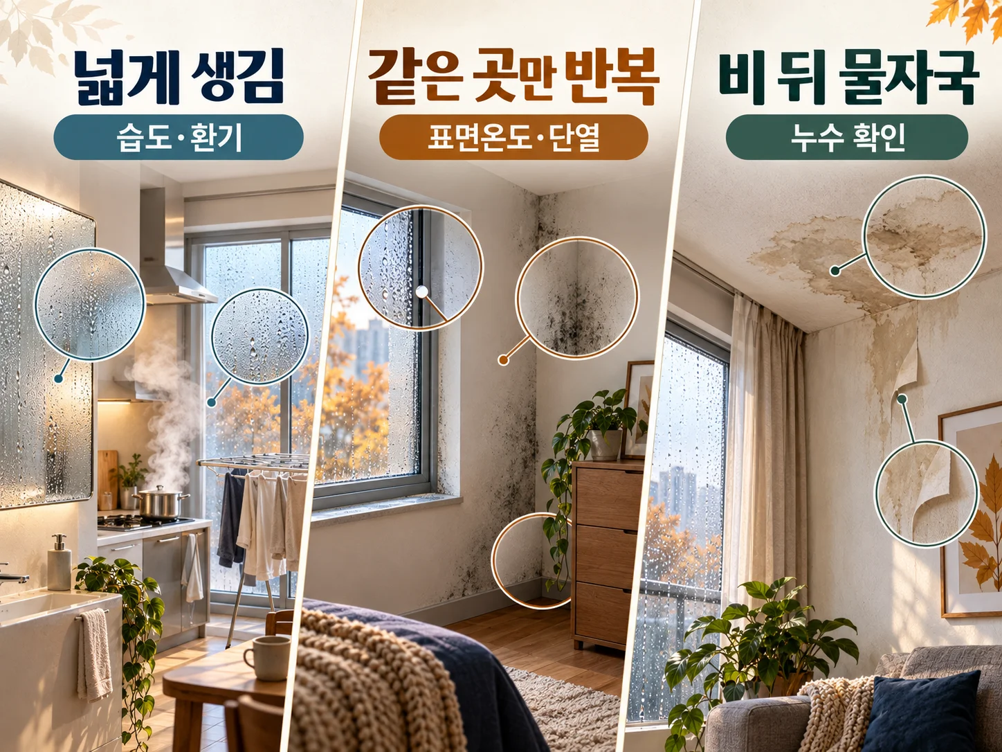 결로와 누수 의심 물기의 발생 위치를 비교하는 점검 이미지