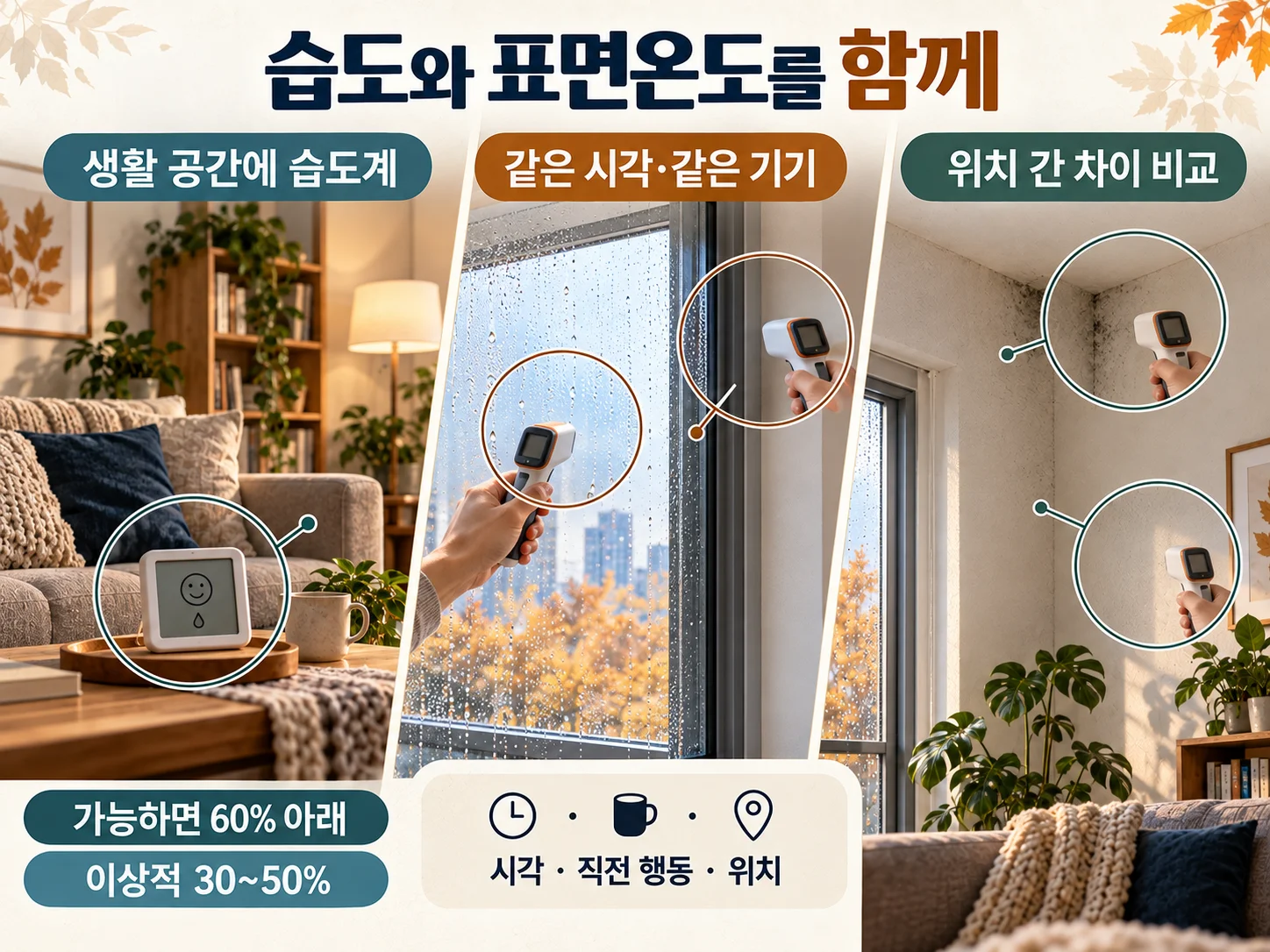 실내 습도와 창문 표면온도를 함께 측정하는 결로 점검 이미지