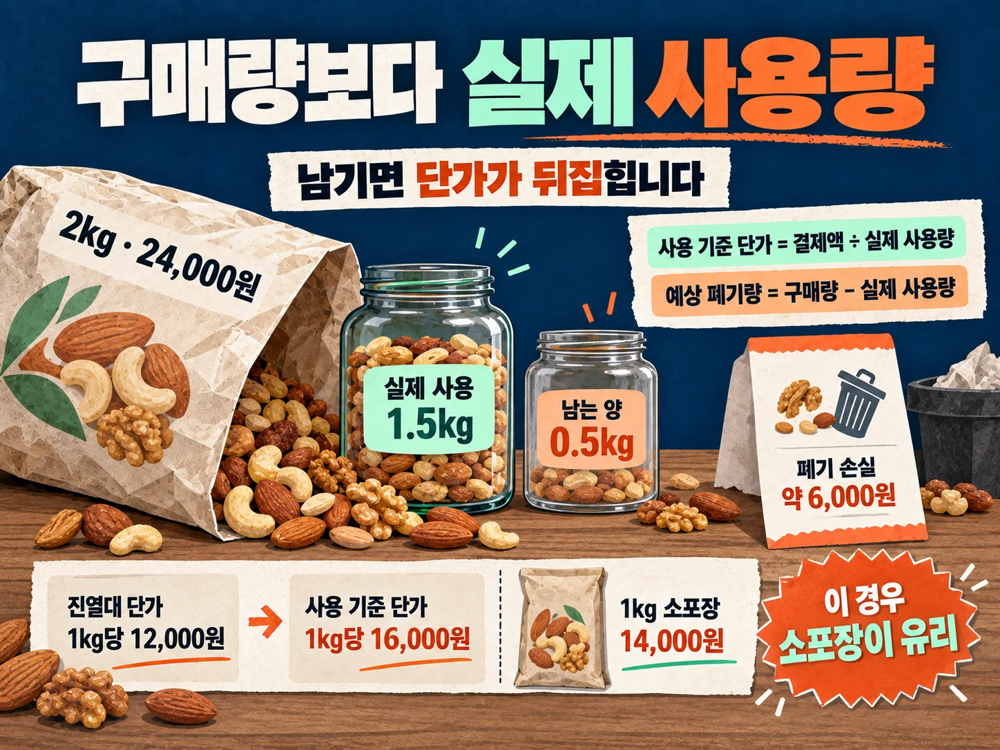대용량 구매 시 실제 사용량과 폐기 손실액을 계산하는 기준