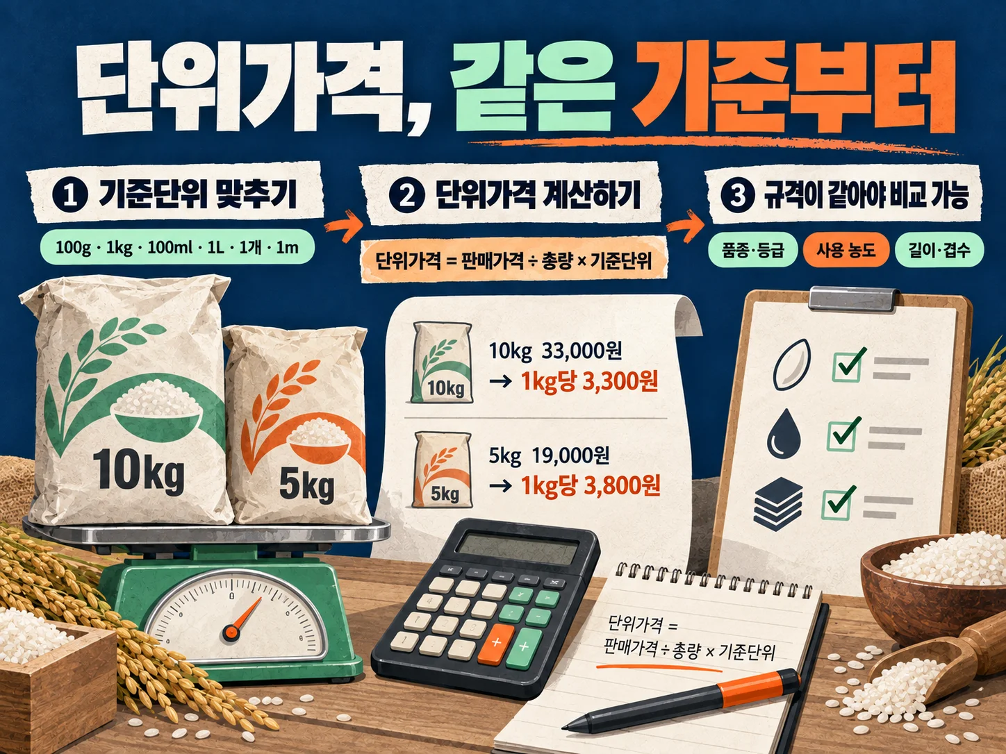 대용량 상품의 단위가격과 규격을 비교하는 계산 기준