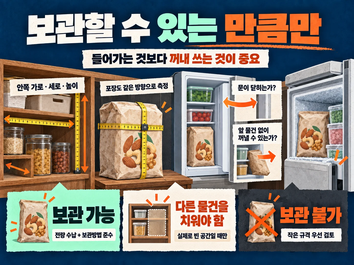 대용량 상품의 보관공간과 보관 가능 여부를 점검하는 장면