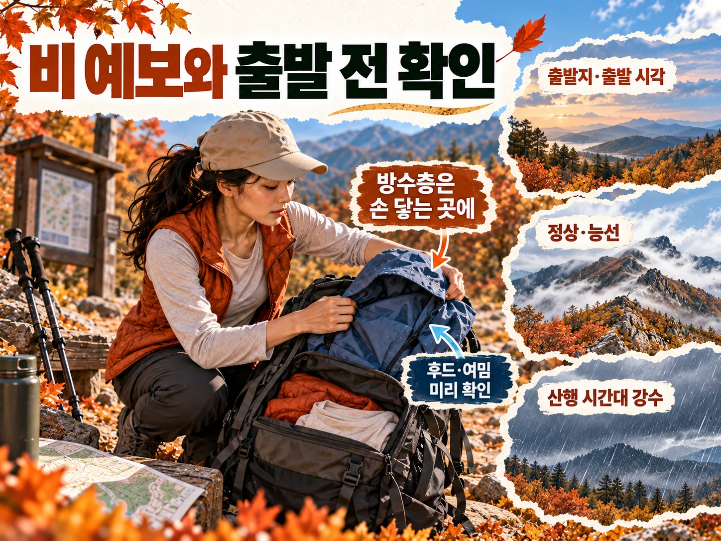 비 예보에 맞춰 방수층을 꺼내기 쉽게 챙기는 등산 체크리스트