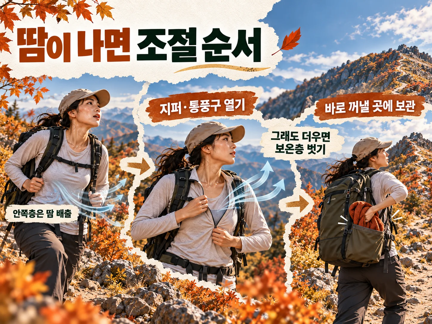 땀이 날 때 안쪽층과 통풍구를 조절하는 등산 레이어링