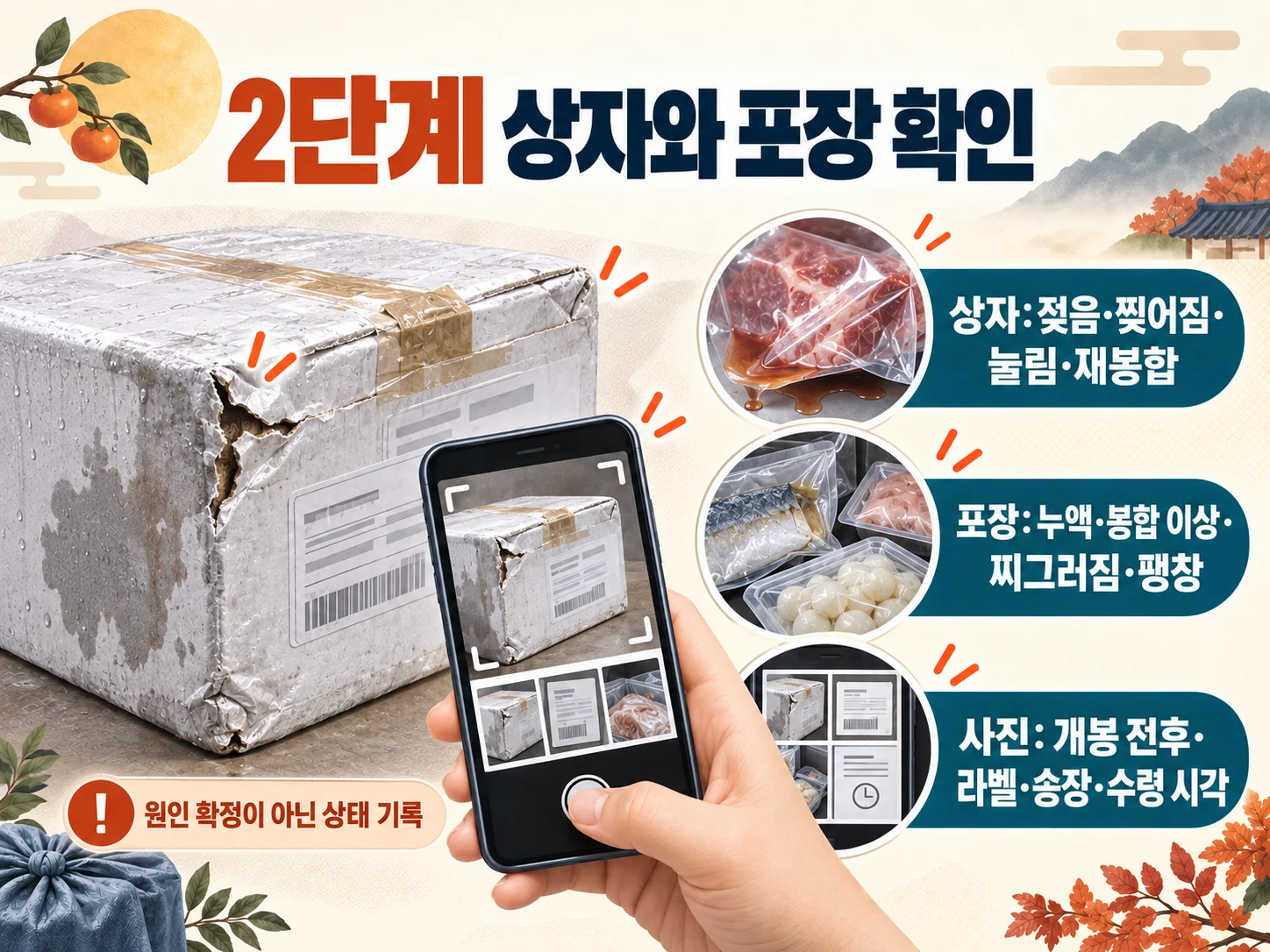 추석 선물 식품 택배 상자와 포장 손상 점검