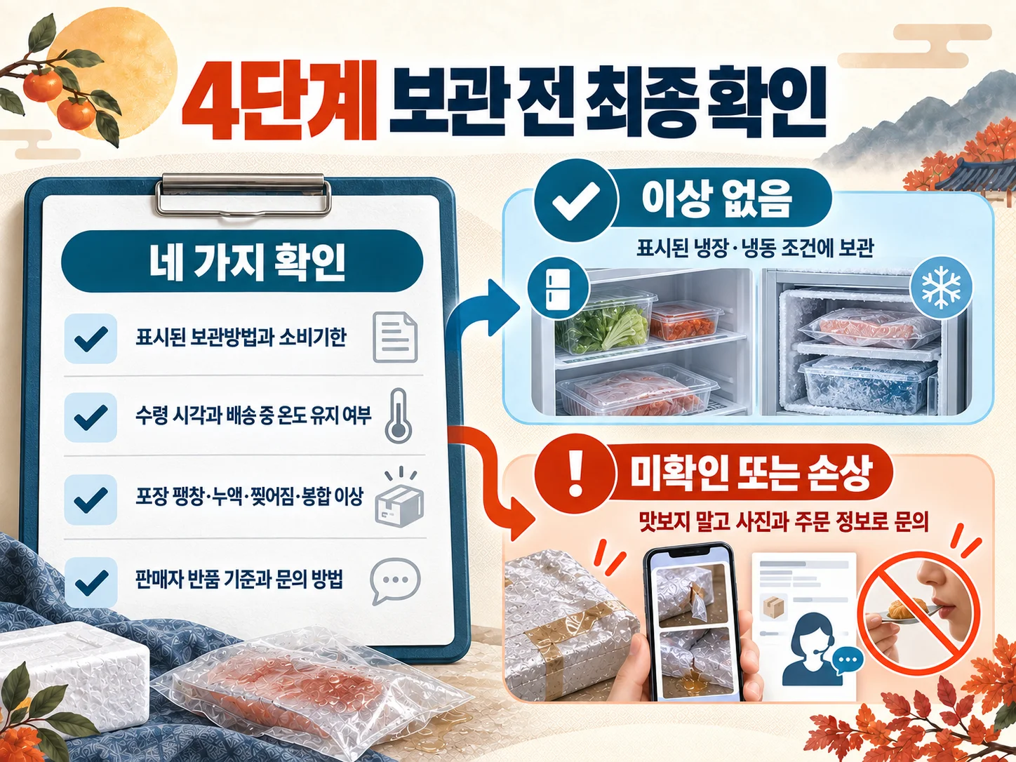 식품 보관 또는 판매자 문의를 결정하는 확인 체크리스트