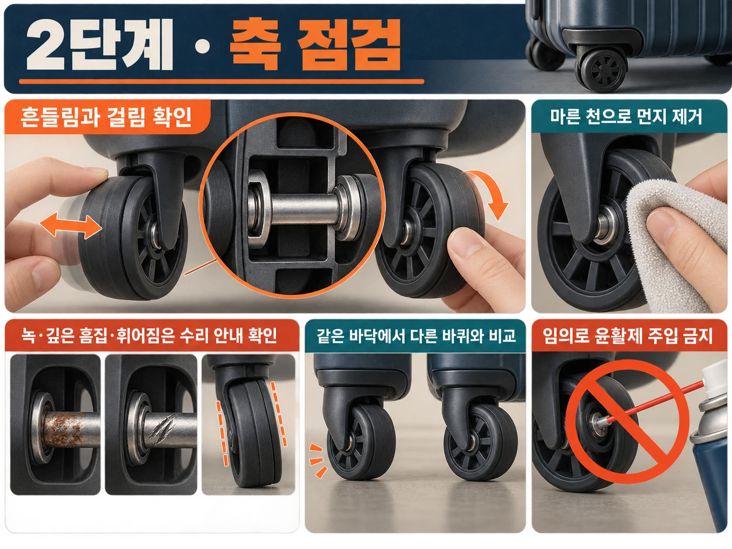 캐리어 바퀴 축의 흔들림과 걸림을 점검하는 과정