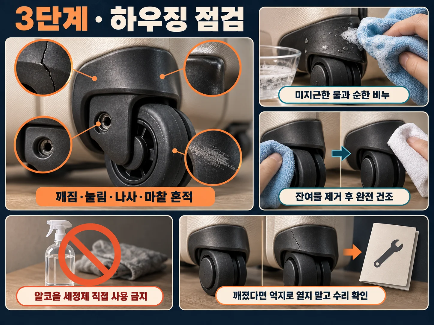 캐리어 바퀴 하우징 손상과 세척 상태를 확인하는 방법