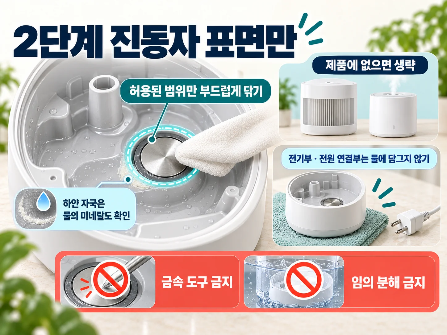 - 초음파 가습기 진동자 표면과 전기부를 구분해 닦는 이미지