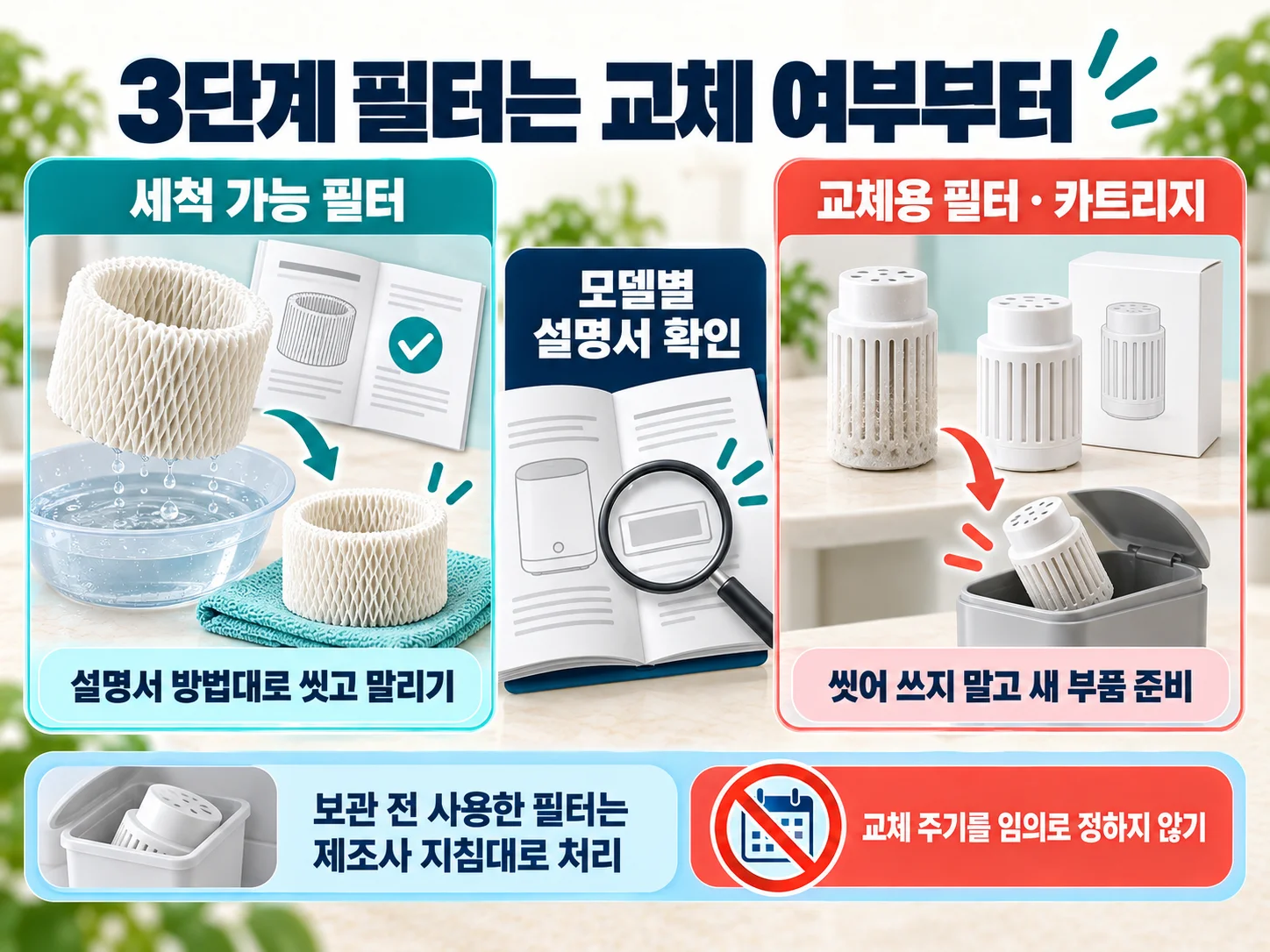 - 가습기 필터와 탈염 카트리지의 세척·교체 기준 이미지
