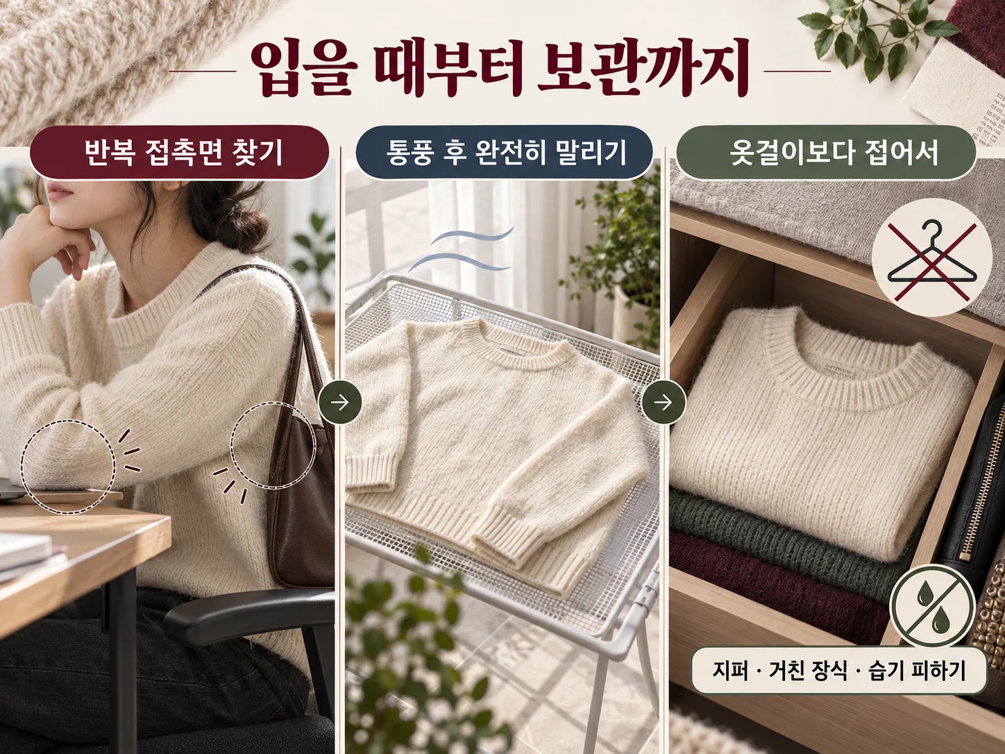 마찰을 피하고 접어서 보관하는 울 니트 관리.