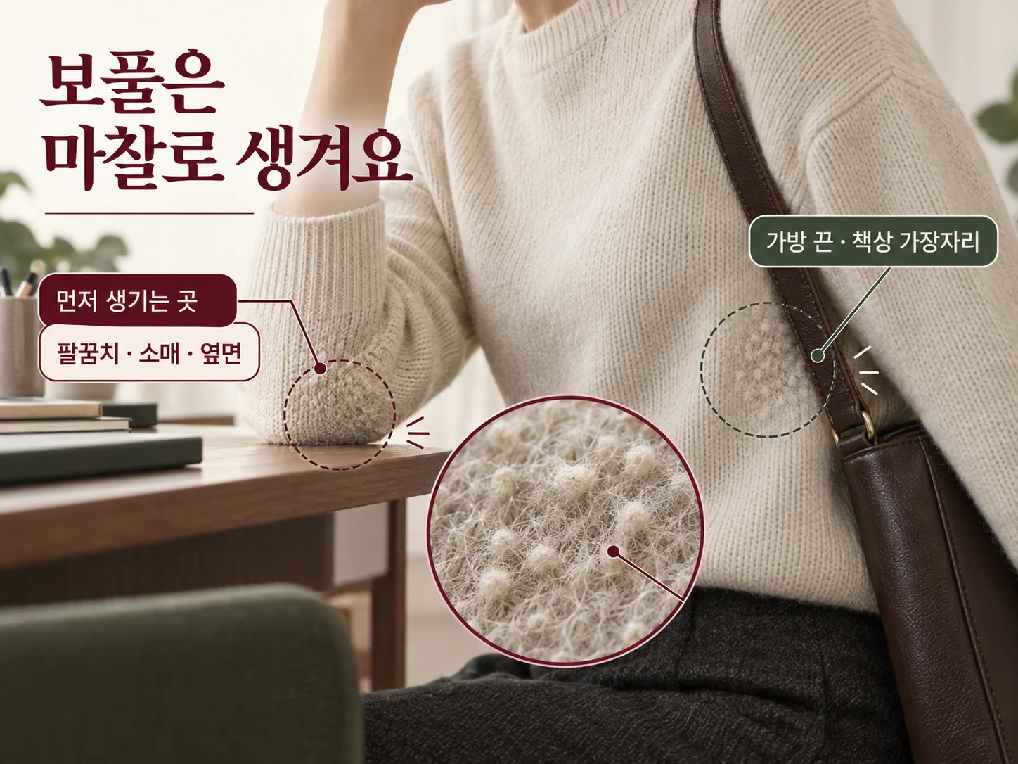 가방 끈과 책상 마찰로 생긴 울 니트 보풀 부위.