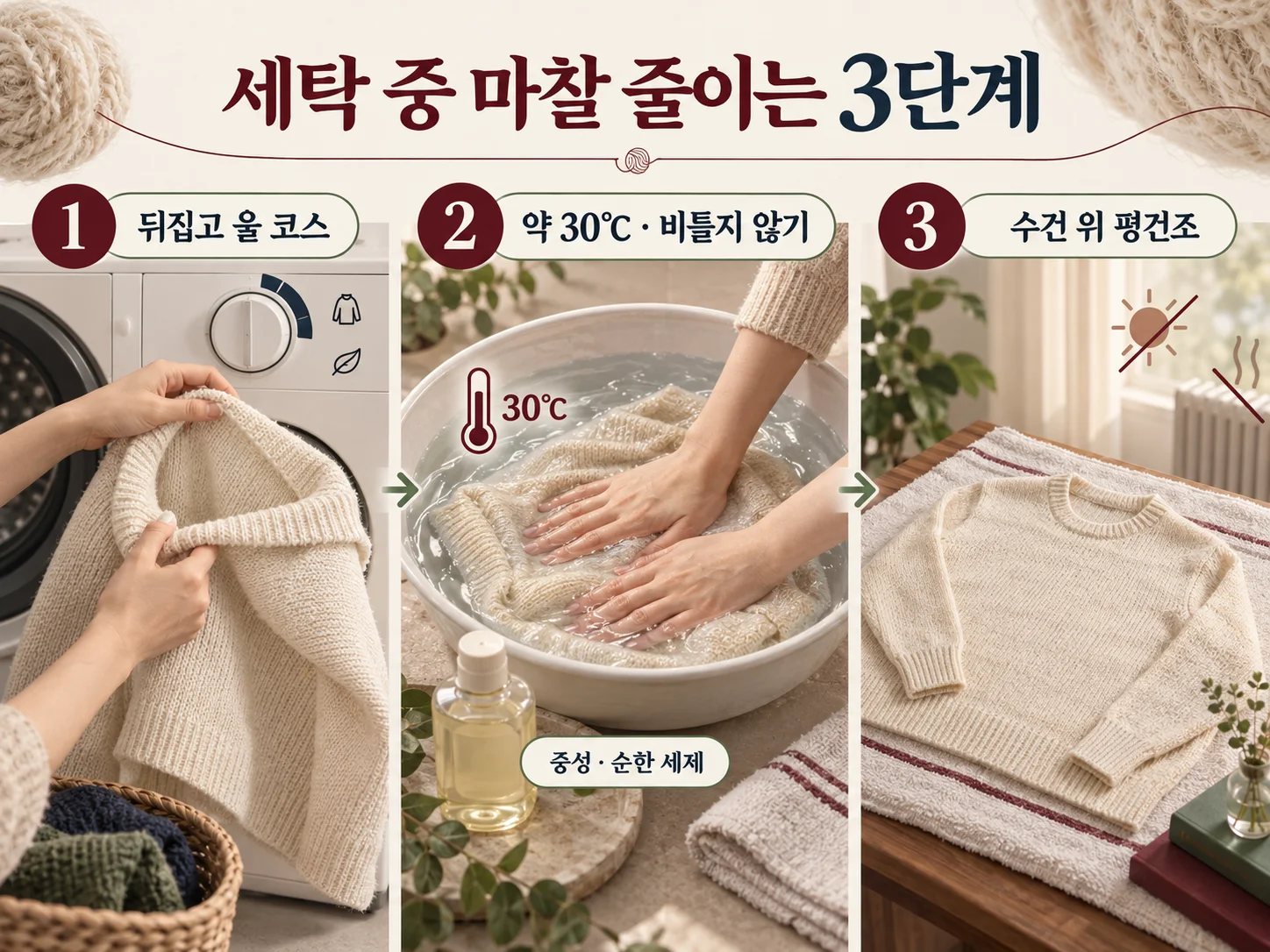 울 니트 보풀을 줄이는 뒤집기 세탁과 평건조 관리.