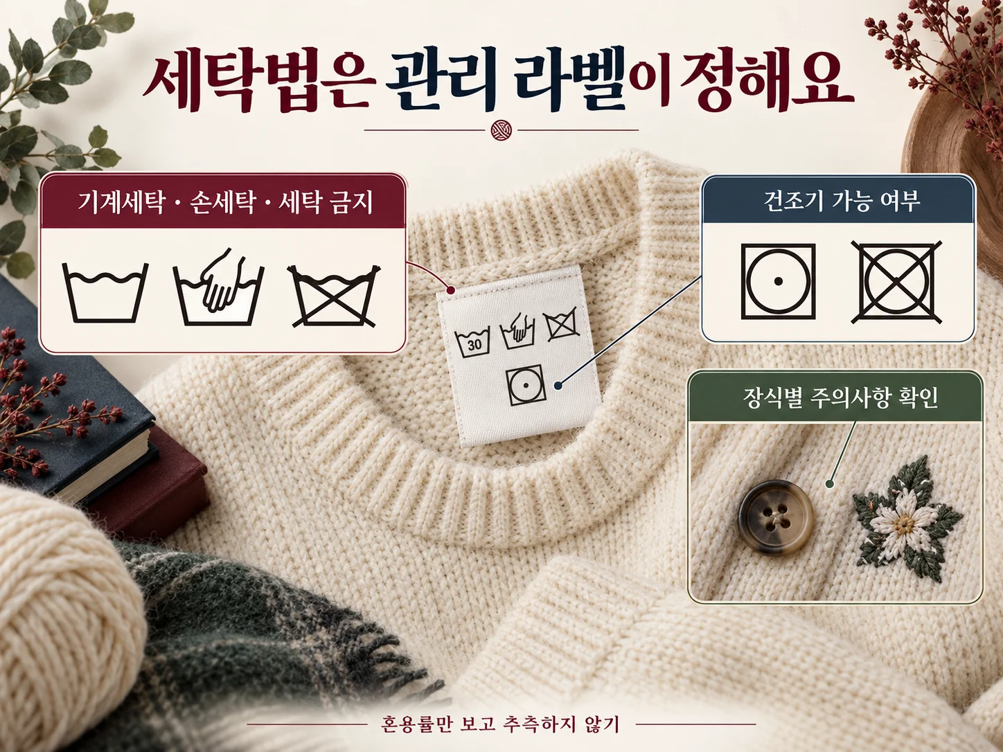 울 니트 관리 라벨의 세탁·건조 표시 확인.