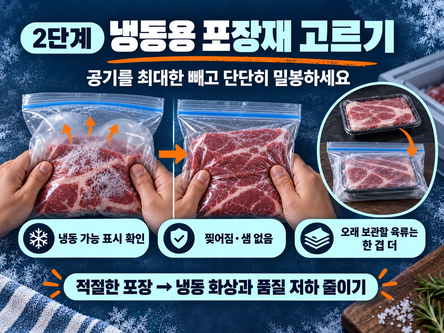 - 냉동용 포장재로 식재료를 밀봉해 냉동 화상을 줄이는 방법
