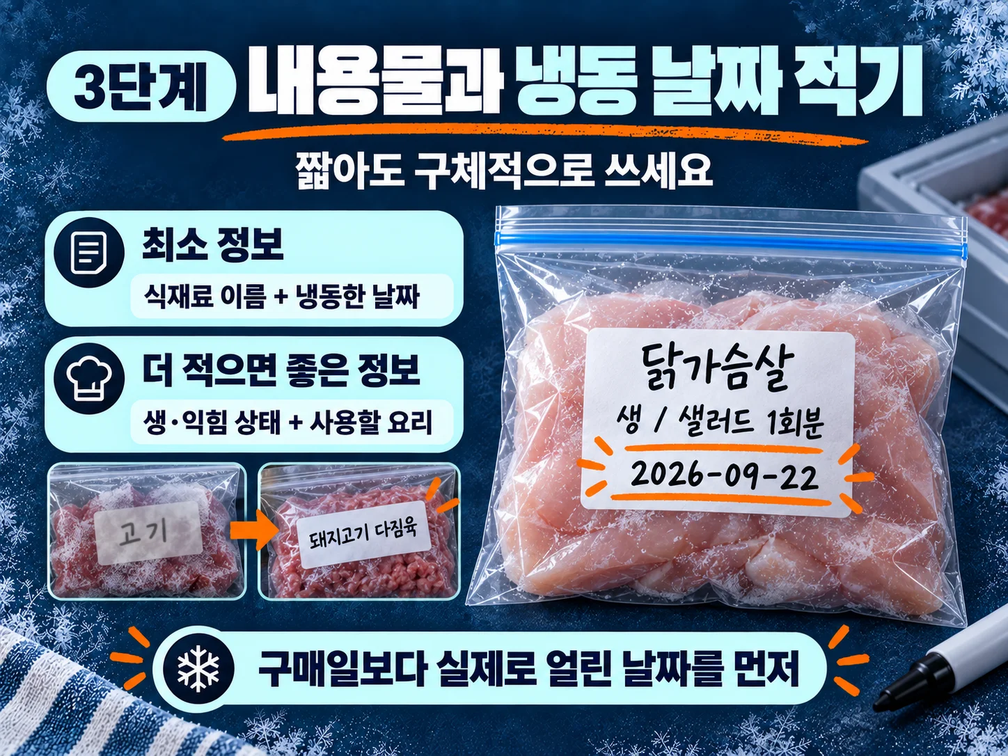 - 식재료 이름과 냉동 날짜를 적은 냉동실 라벨 예시