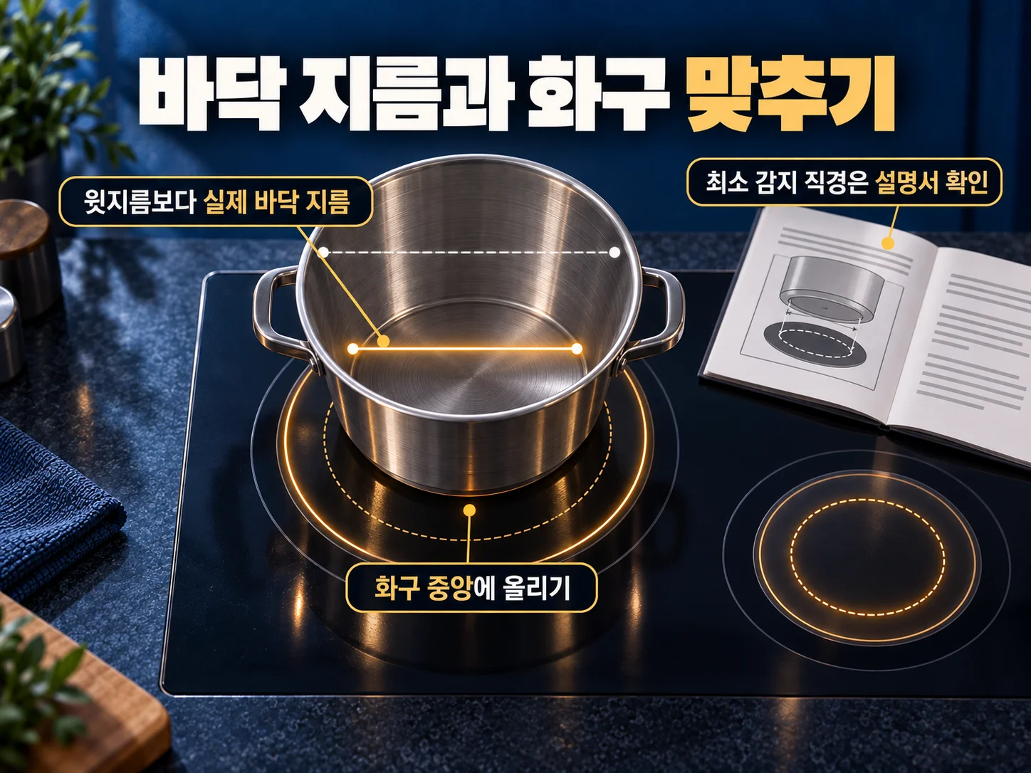 인덕션 화구 크기와 냄비 바닥 지름을 맞추는 확인 방법