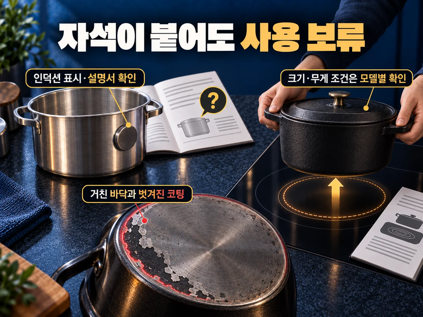자석이 붙어도 인덕션 냄비 사용을 보류해야 하는 경우