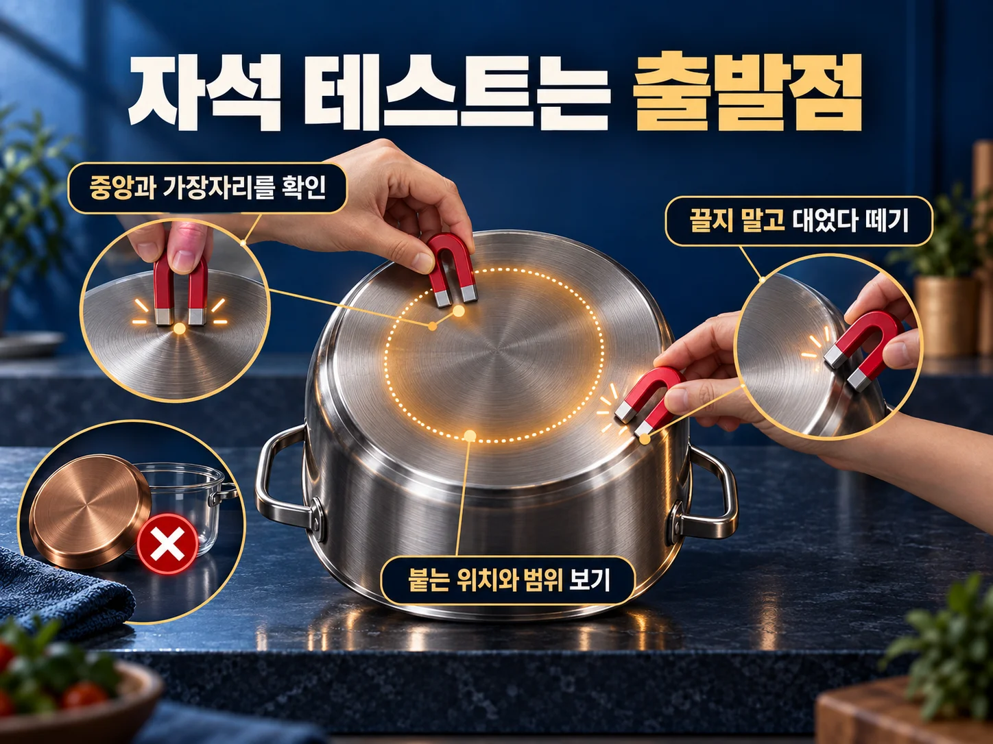 자석으로 인덕션 냄비 바닥의 자성 범위를 확인하는 방법