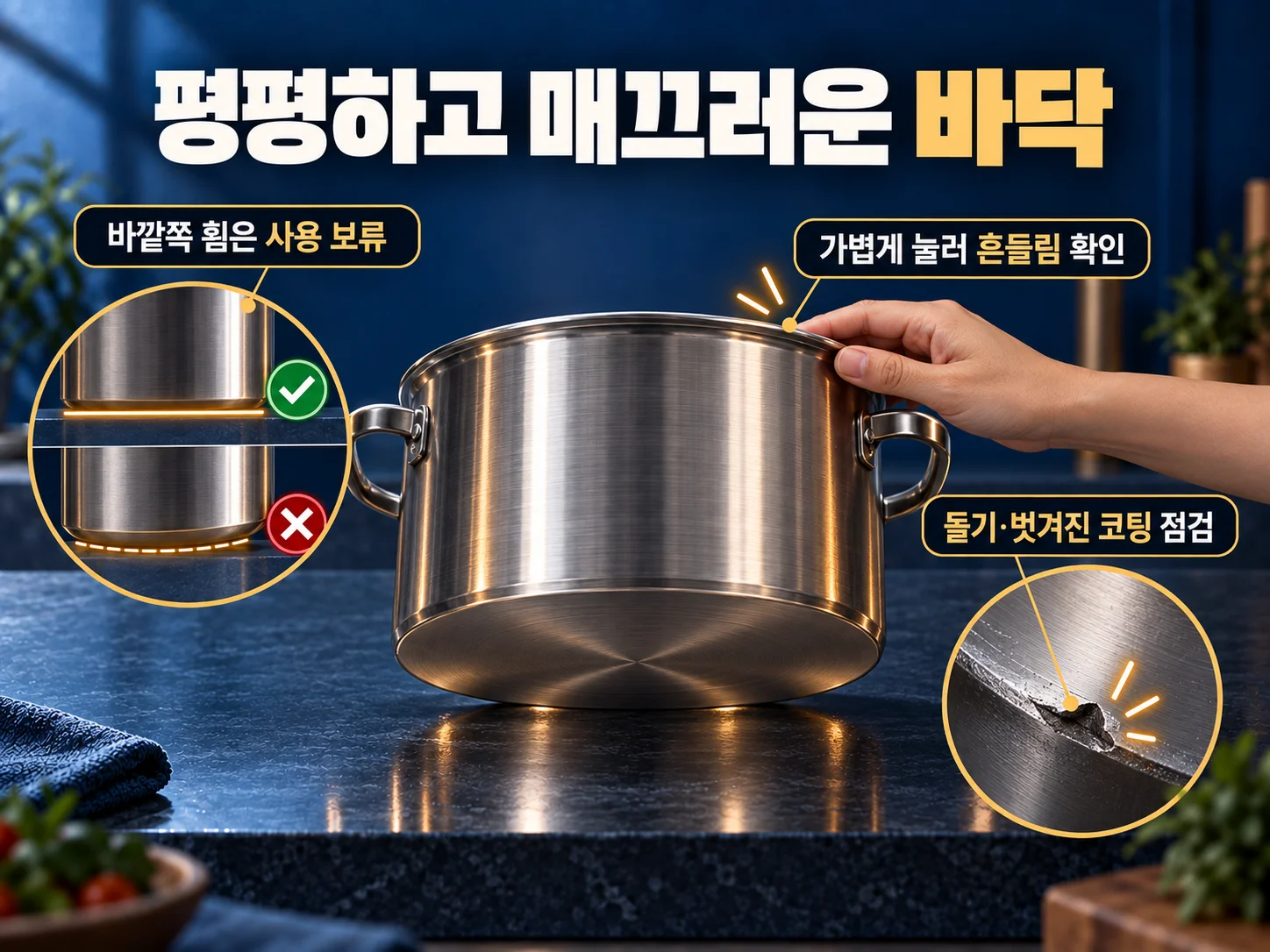 인덕션 상판용 냄비 바닥의 평탄도와 손상 상태 점검