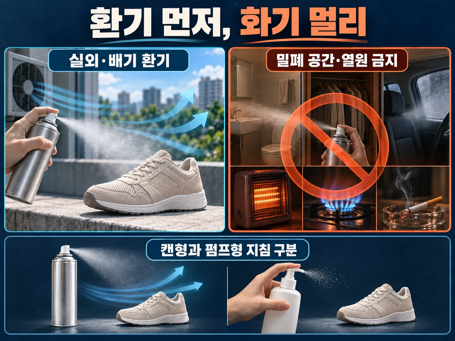 - 에어로졸 방수 스프레이 사용 시 환기 장소와 화기·열원 안전 조건
