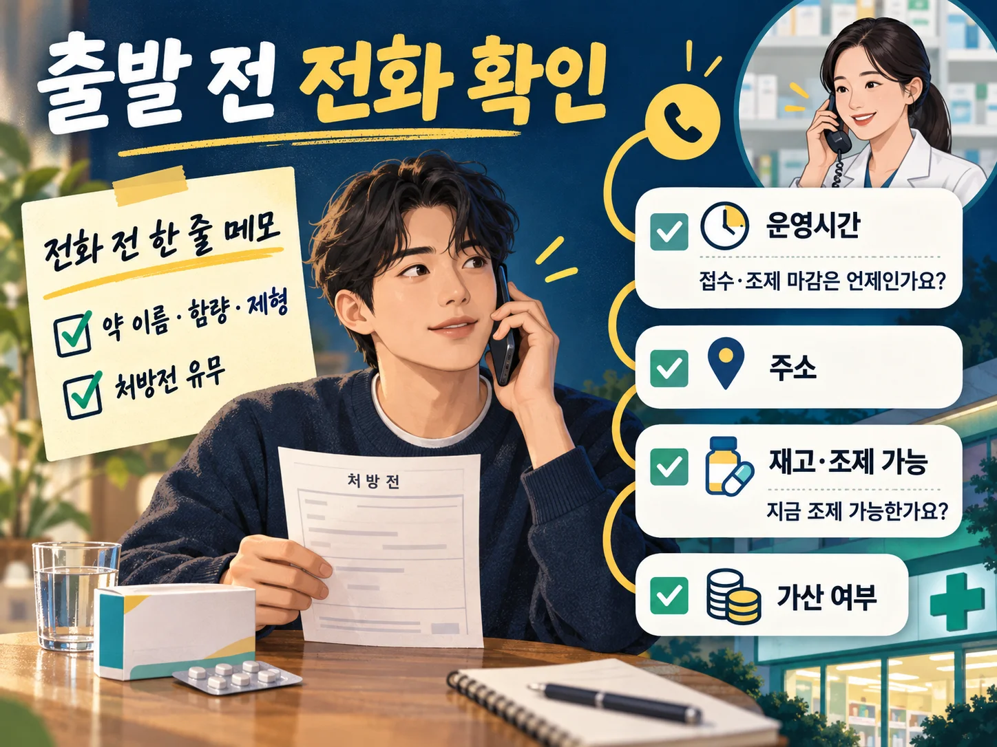 처방약 재고와 운영시간을 전화로 확인하는 약국 문의 체크리스트