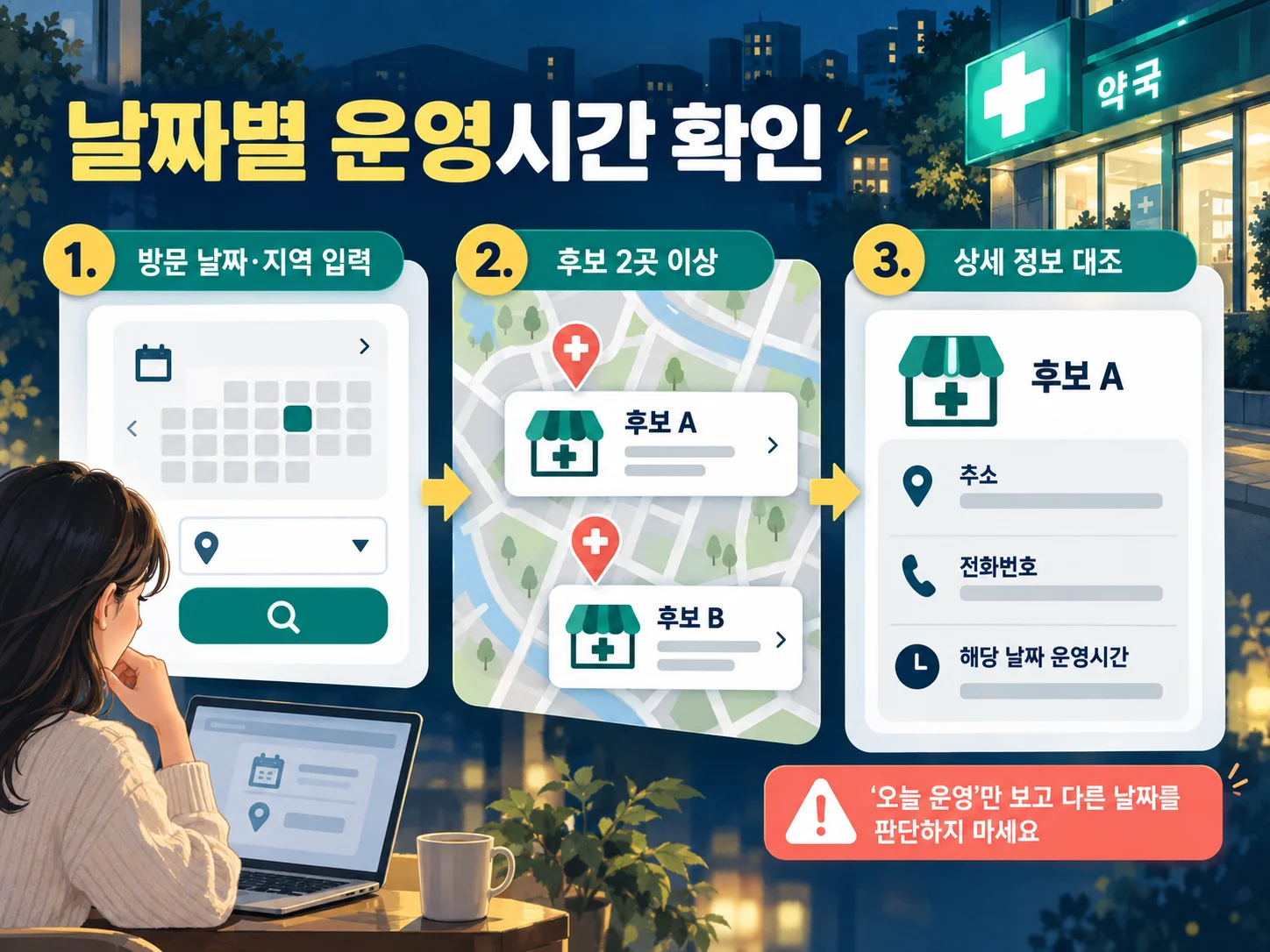 E-Gen에서 연휴 날짜별 문 여는 약국 운영시간을 검색하는 모습