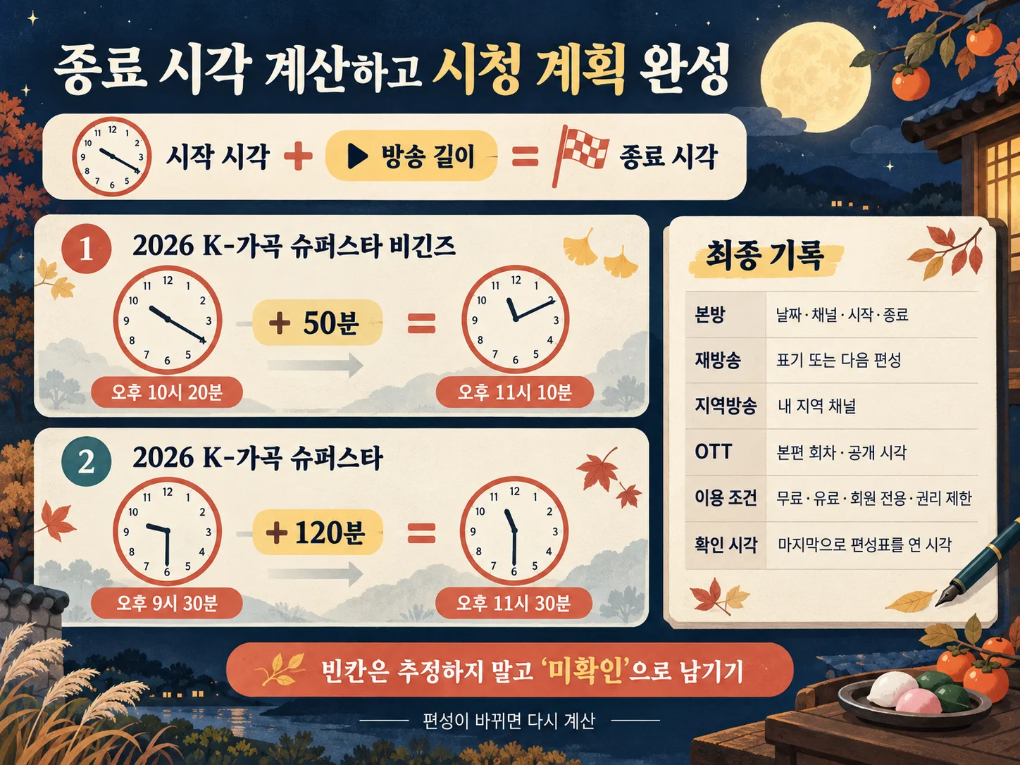 • 본방 시각과 방송 길이로 종료 시간을 계산한 시청 계획