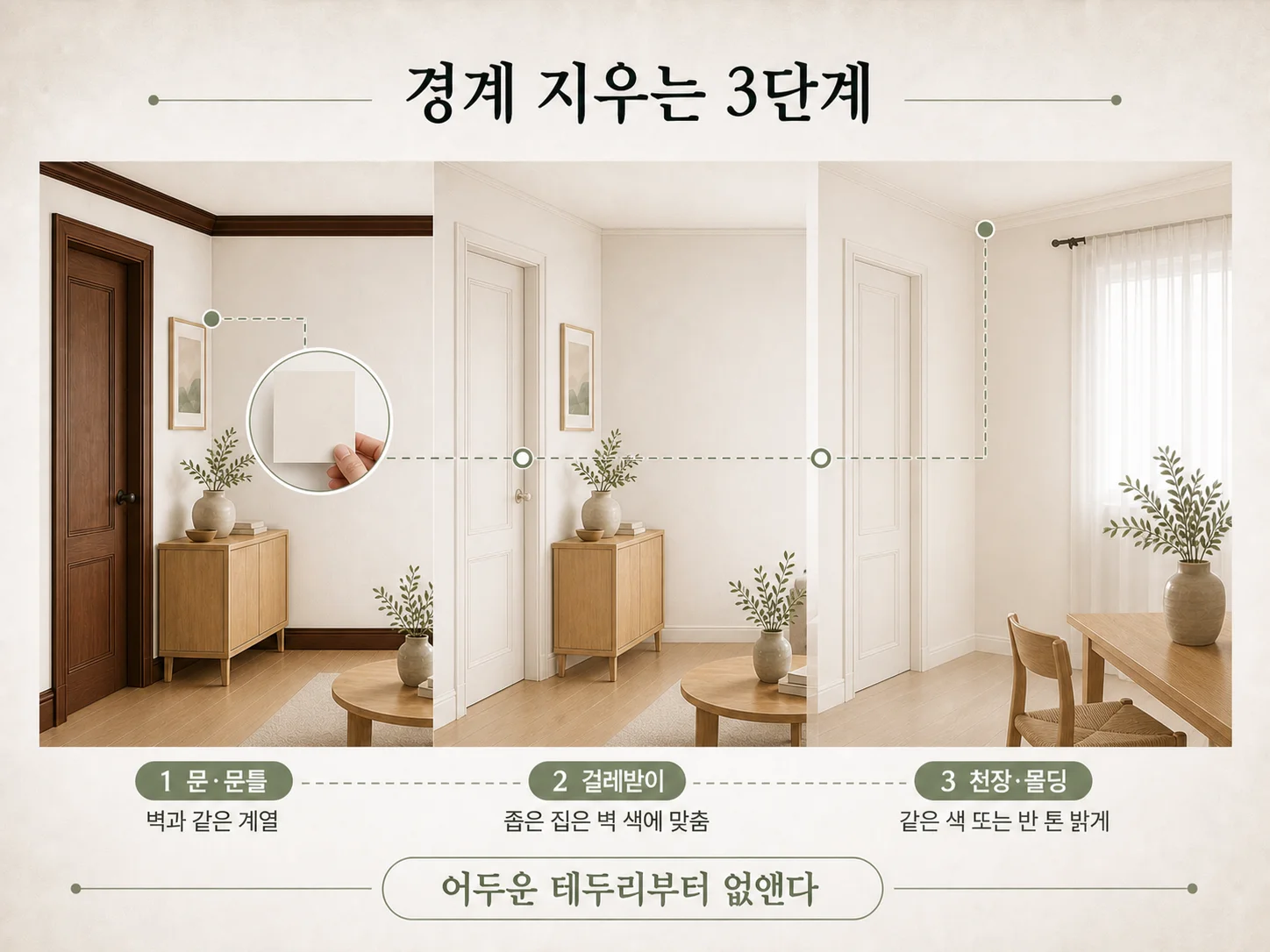 천장과 몰딩 색을 벽에 맞춰 경계를 지운 좁은 방 인테리어