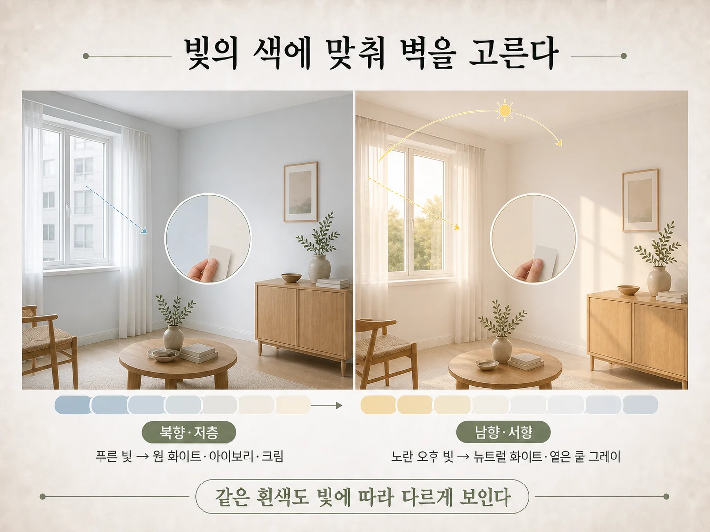북향 저층 방에서 빛의 색에 따라 달라지는 흰 벽 톤 비교