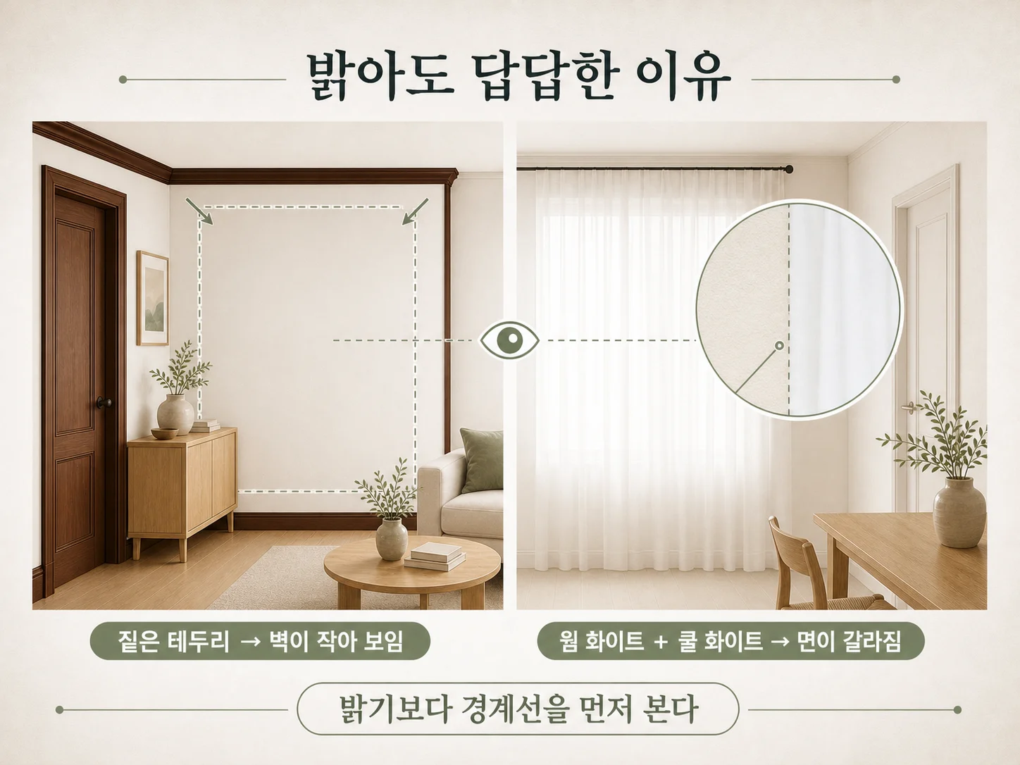 벽과 문틀의 색 차이가 경계선을 만들어 방을 좁아 보이게 하는 흰 벽 모습
