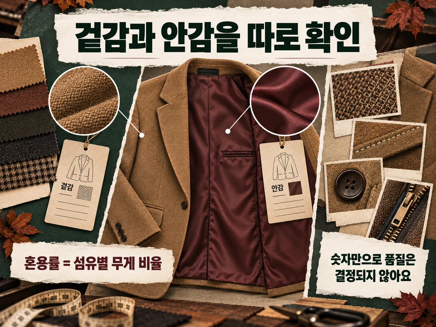 재킷 겉감과 안감 혼용률을 함께 확인하는 의류 라벨
