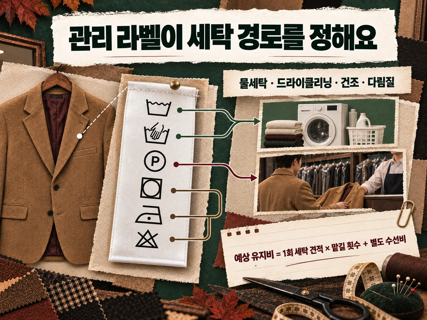 재킷 관리 라벨의 물세탁·드라이클리닝 기호와 예상 세탁비 확인