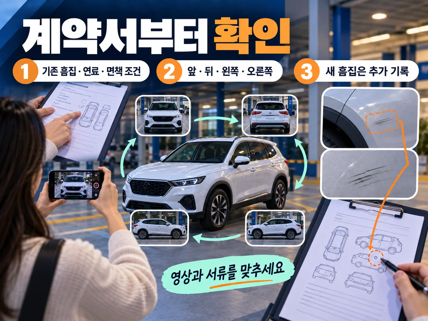 렌터카 계약서 점검표와 차체 흠집을 대조하는 인수 기록