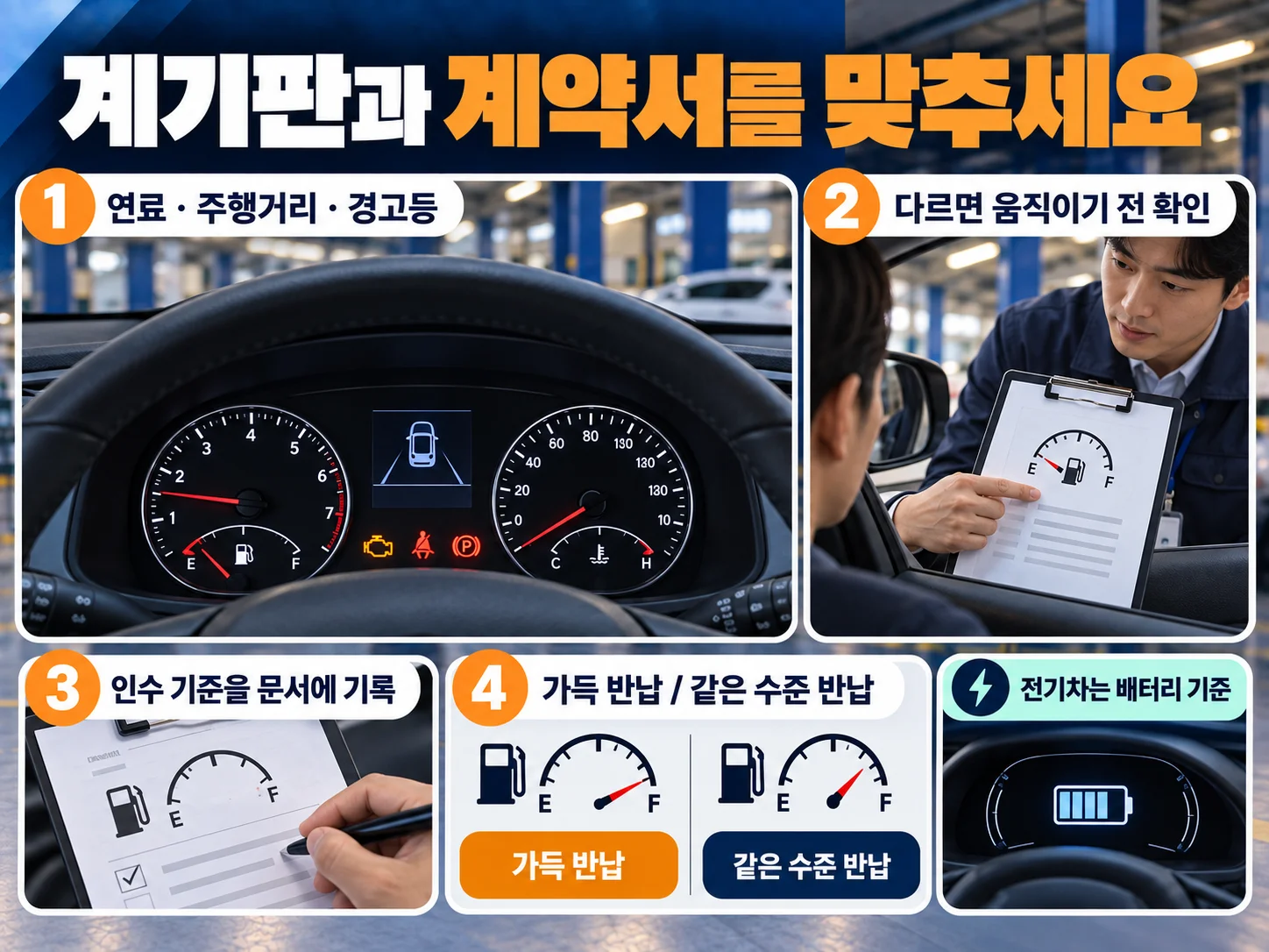 렌터카 연료 게이지와 계기판을 계약서 기준에 맞춰 기록