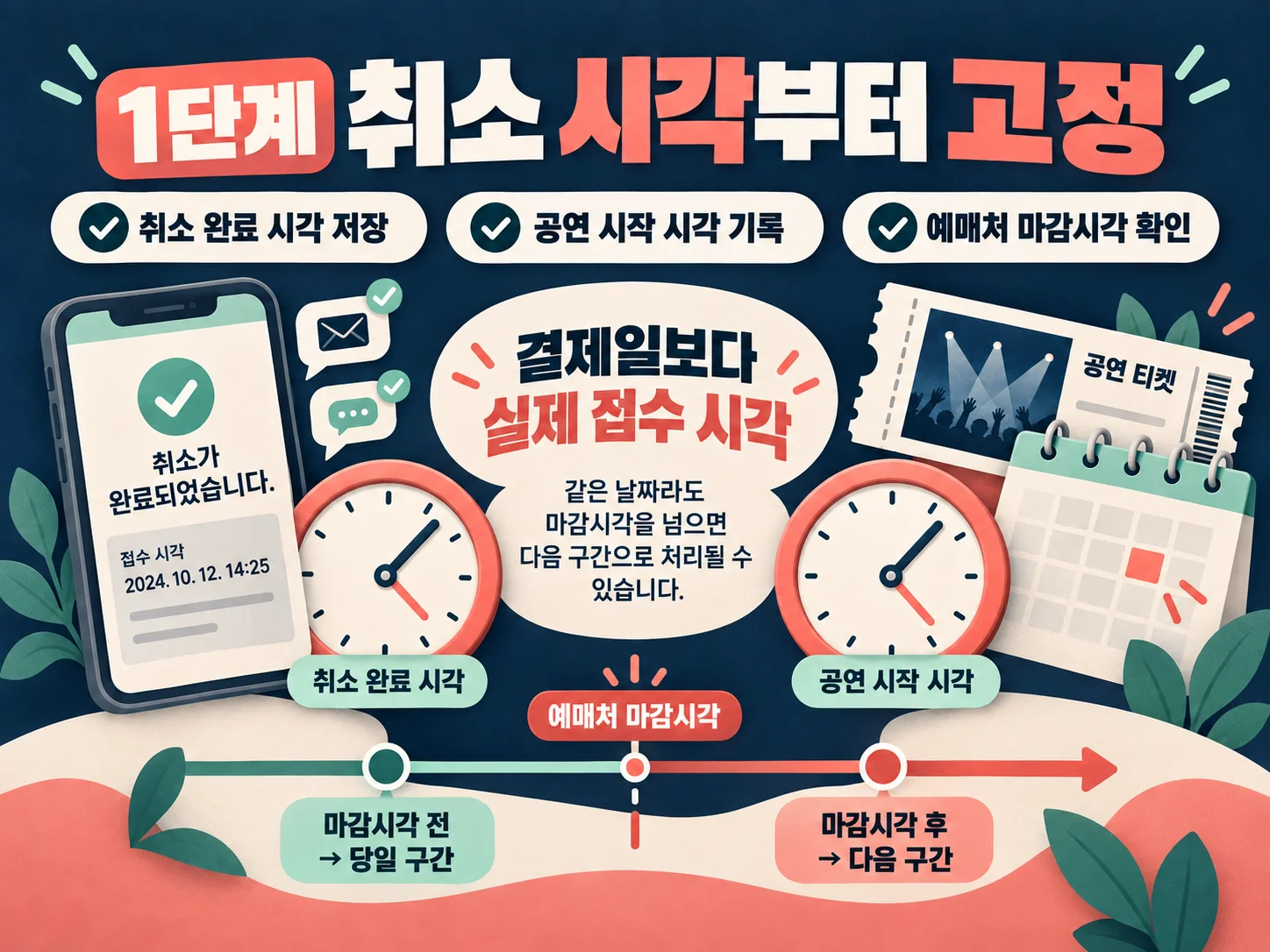 공연 예매 취소 시각과 관람 시작 시각을 기록하는 절차.