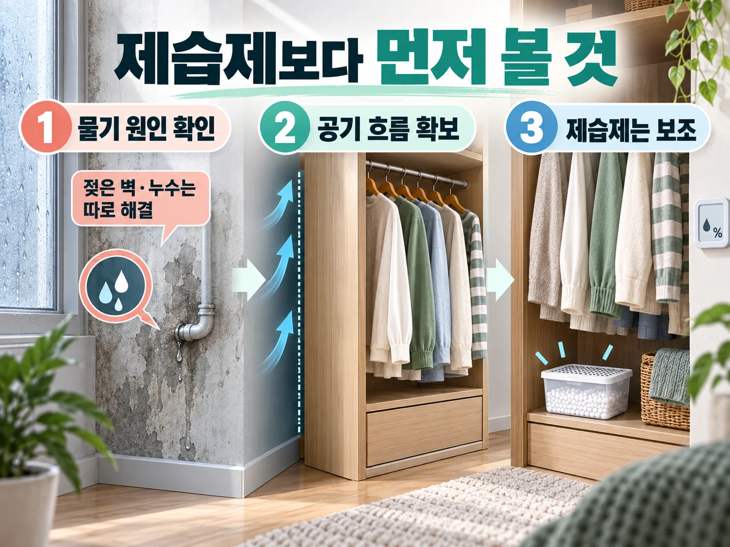 제습제 사용 전 옷장 습기 원인과 벽면 상태를 확인하는 모습